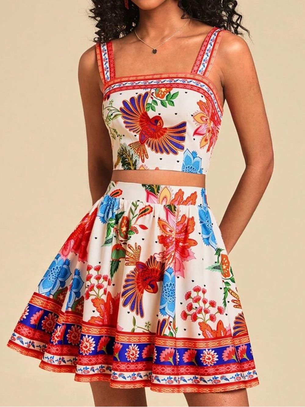 NEW! Floral Bird Print Two-Piece Crop Top & Skater Skirt Set | Size Small